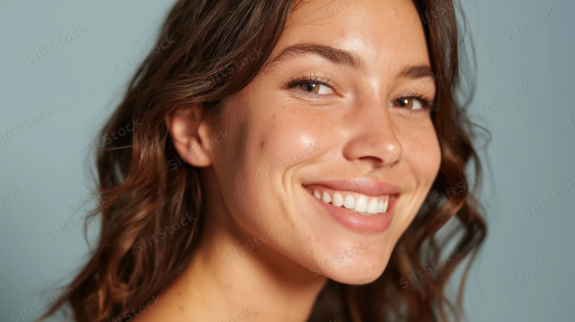 Young woman smiling with radiant skin in studio portrait