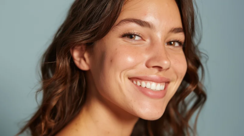 Young woman smiling with radiant skin in studio portrait