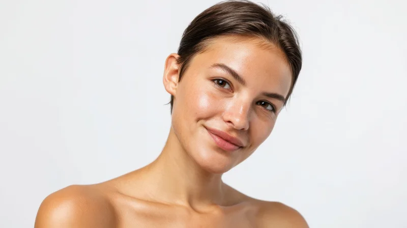 Young woman smiling with bare shoulders and short brown hair in studio portrait