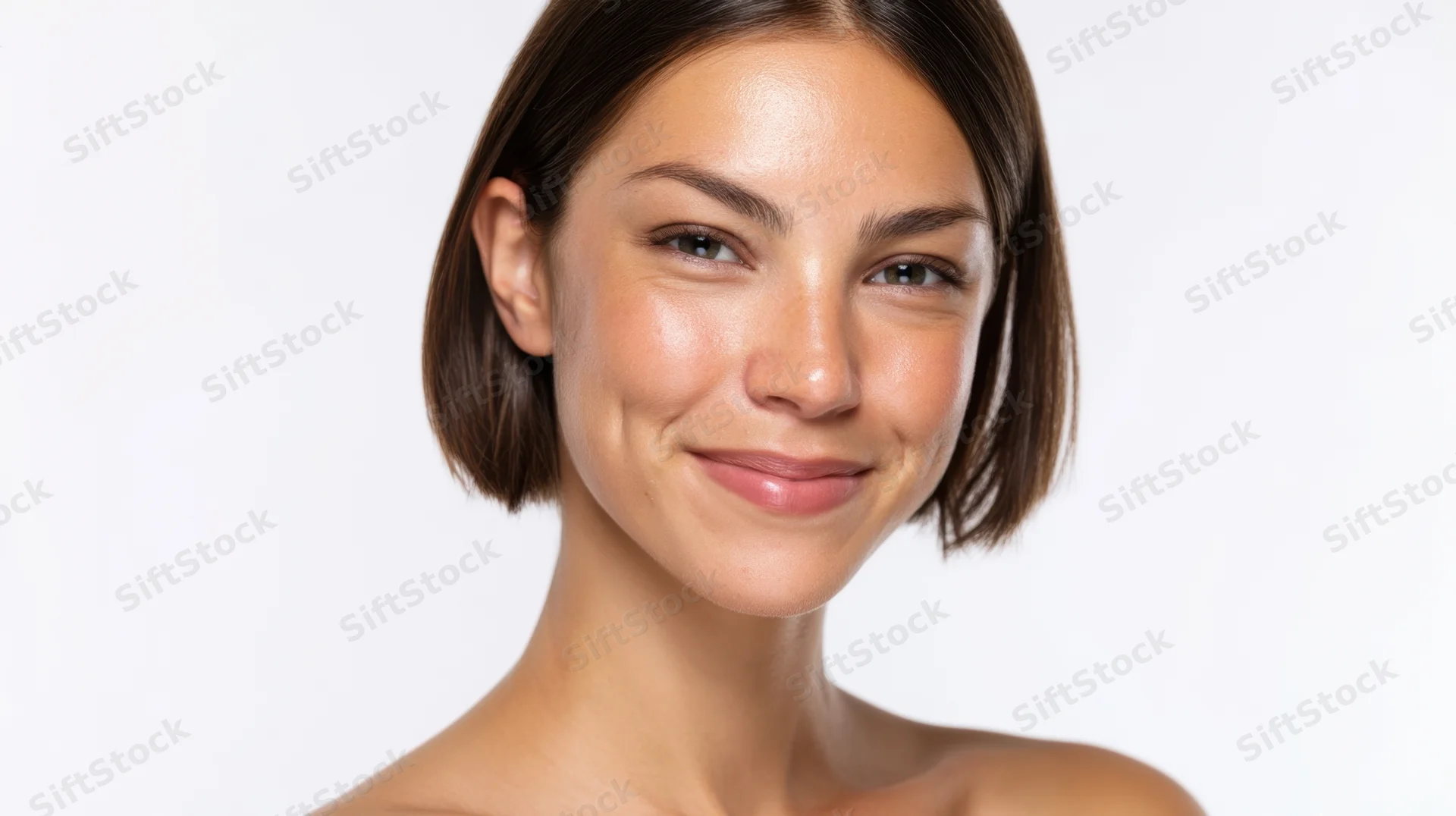 Young woman smiling in closeup portrait against white background