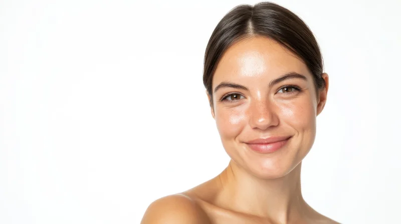 Young woman smiling with clear skin against white background