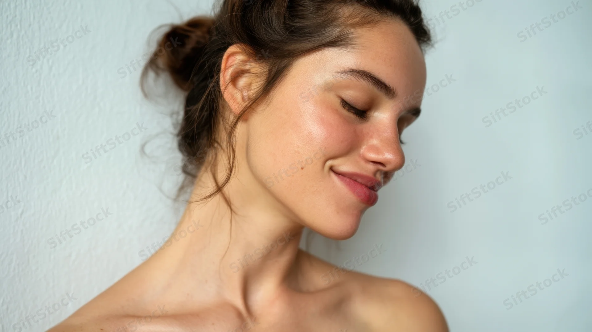Young woman with closed eyes smiling softly in profile against a white wall