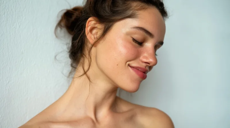 Young woman with closed eyes smiling softly in profile against a white wall