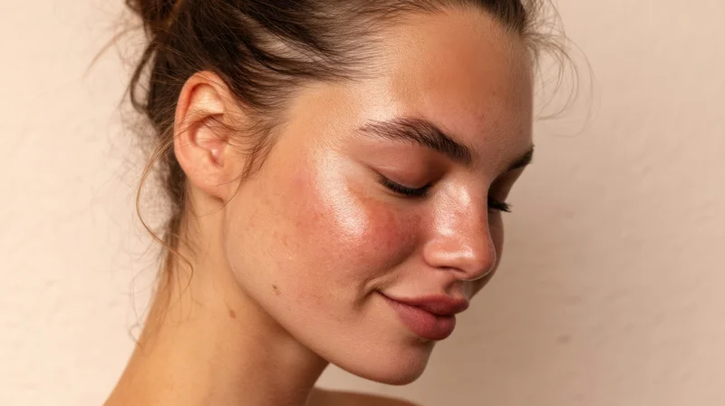 Young woman with glowing skin in profile closeup against light background