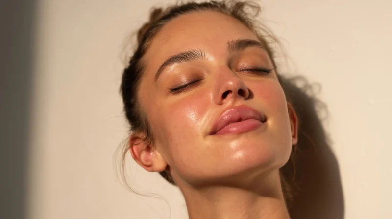 Young woman with closed eyes and glowing skin in soft warm light against a plain wall