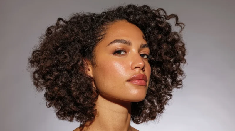 Young black woman with curly hair in studio portrait, soft lighting highlighting natural skin glow