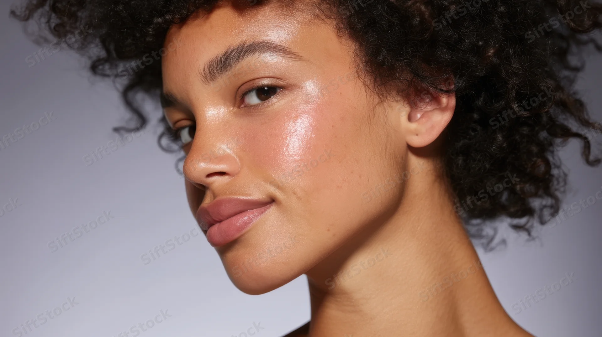 Young black woman with glowing skin and curly hair in studio portrait
