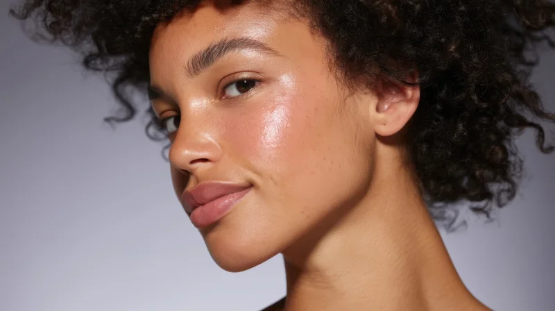 Young black woman with glowing skin and curly hair in studio portrait