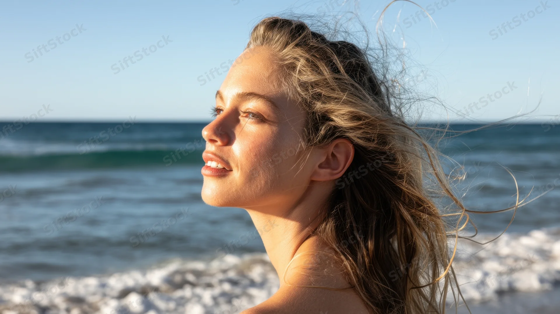 Young woman in profile with windblown hair at the beach, ocean waves behind her
