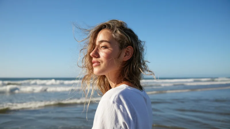 Young woman in profile with windblown hair at the beach