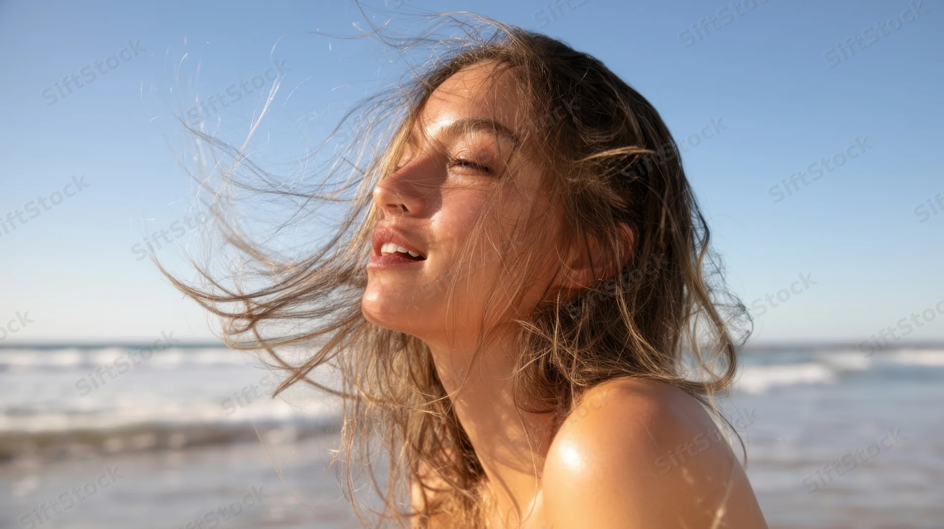 Young woman smiling with hair blowing in wind at beach