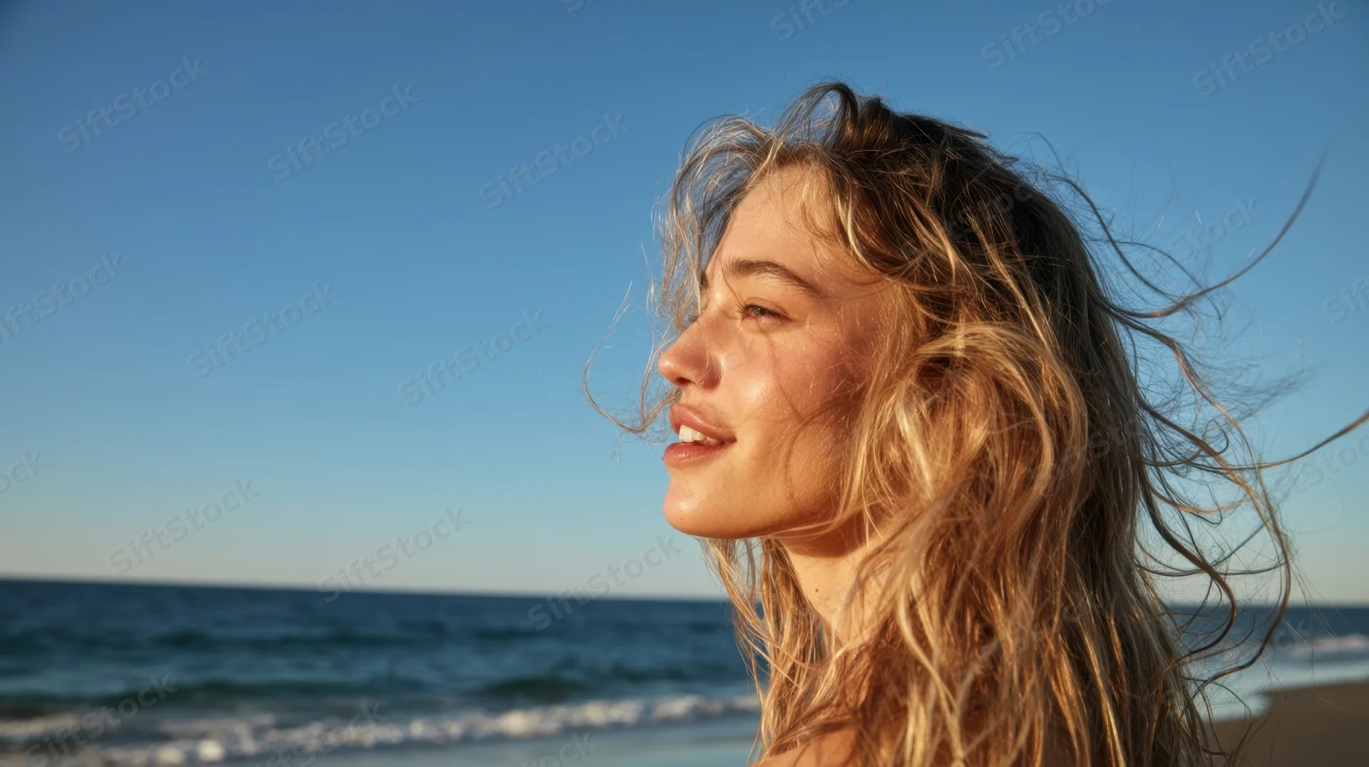 Young woman smiling in profile with windblown hair at the beach