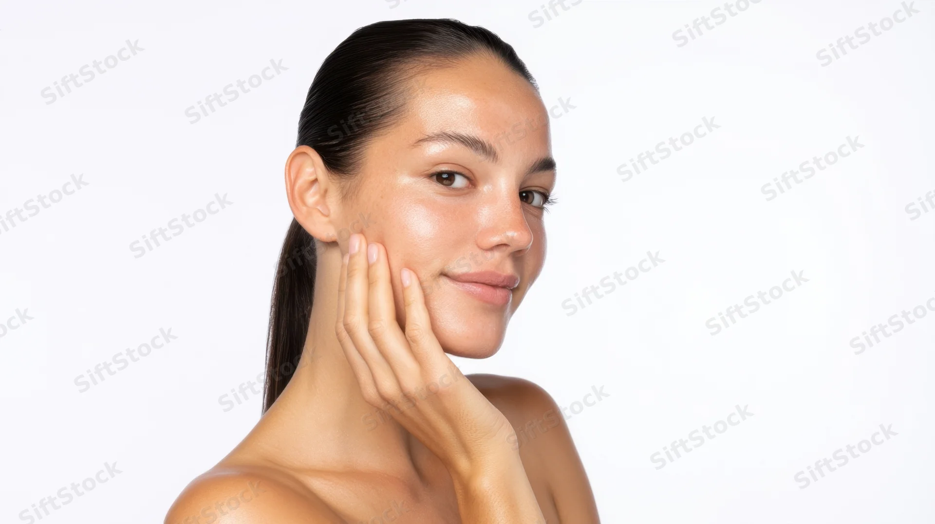 Young woman touching her face with hand, isolated on white background