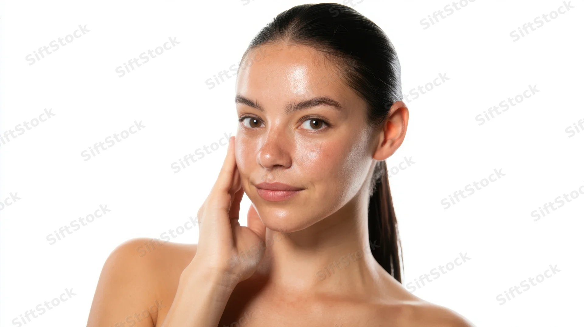 Young woman touching her face with hand, isolated on white background