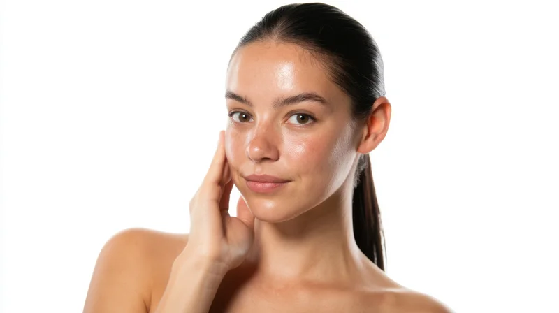Young woman touching her face with hand, isolated on white background