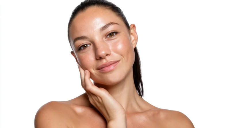 Young woman with clear radiant skin touching her cheek in studio portrait
