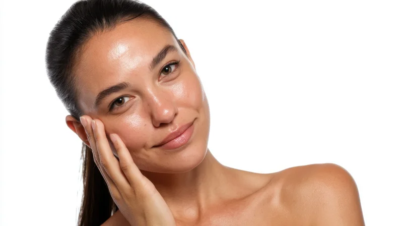Young woman touching her face with hand, showing smooth healthy skin against white background