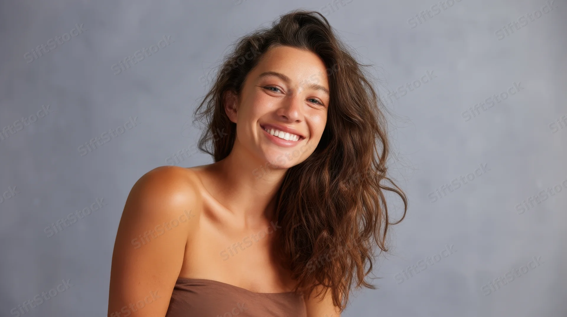 Young woman smiling in a studio portrait with curly brown hair and strapless top against gray background