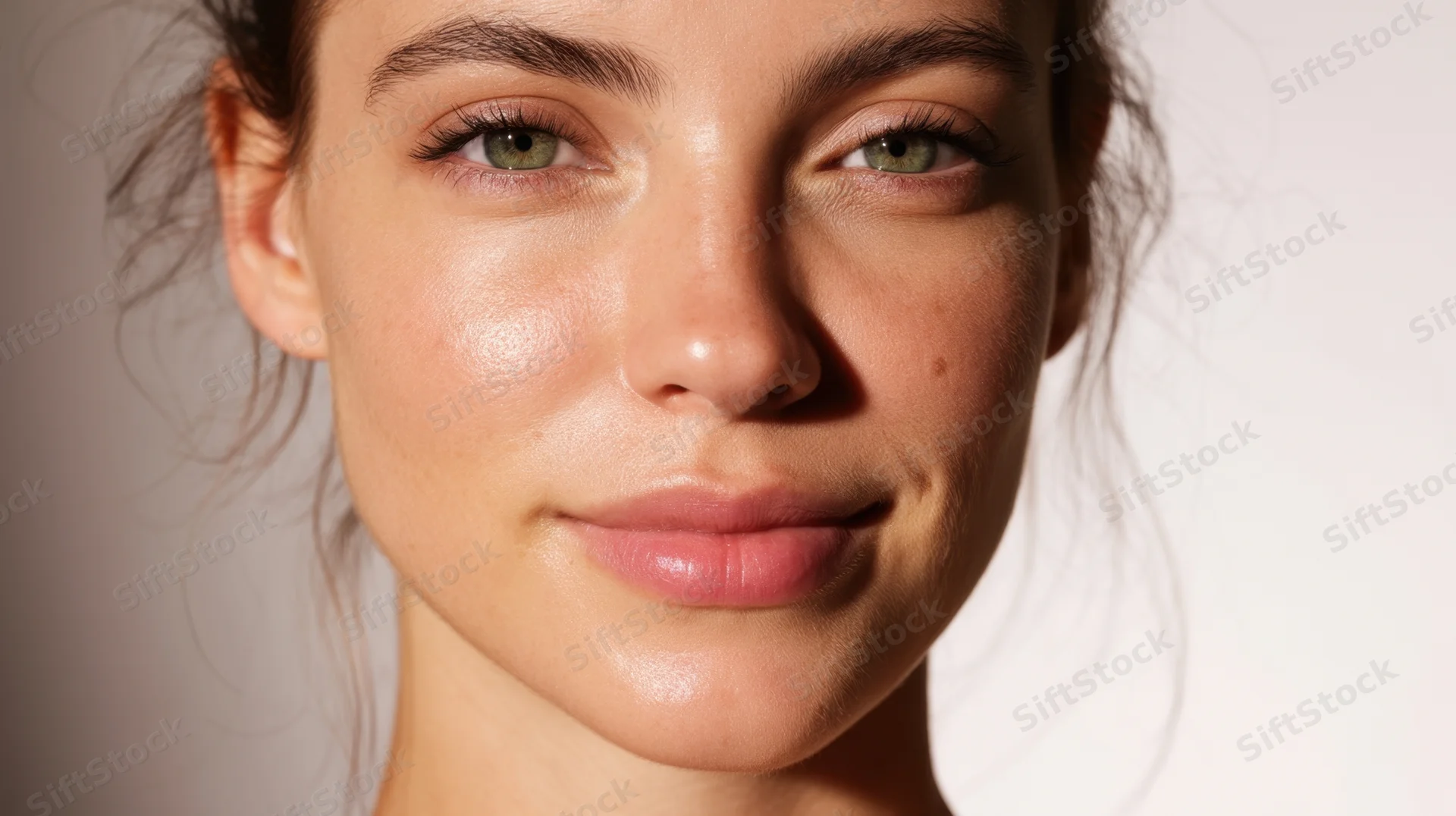 Closeup portrait of a young woman with glowing skin and soft smile against a neutral background