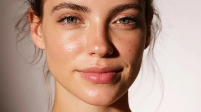 Closeup portrait of a young woman with glowing skin and soft smile against a neutral background