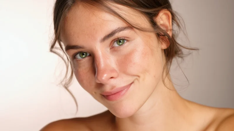 Young woman with green eyes and freckles smiling softly in a studio portrait with neutral background