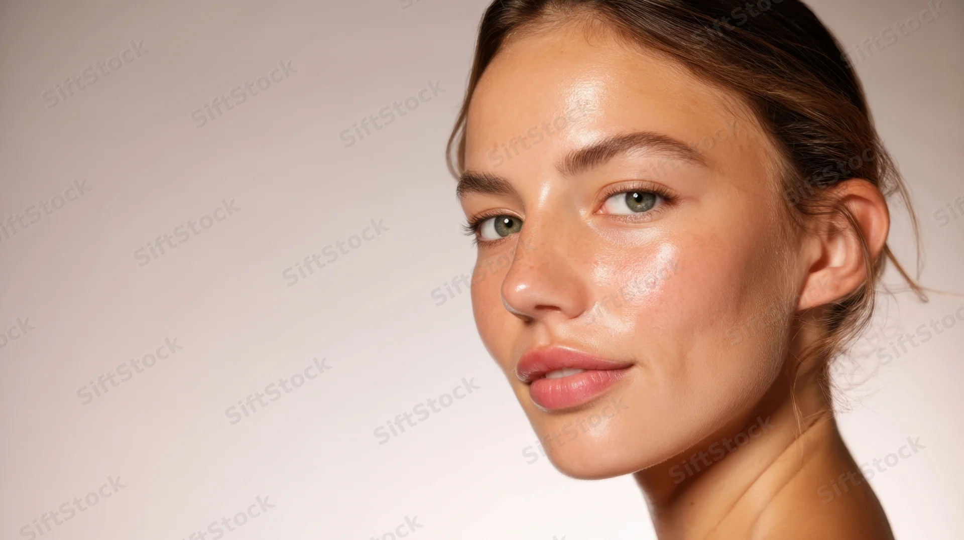 Young woman with clear glowing skin in studio portrait with copyspace
