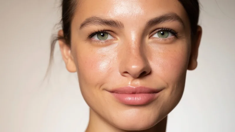 Closeup portrait of a young woman with glowing skin and green eyes against a plain background