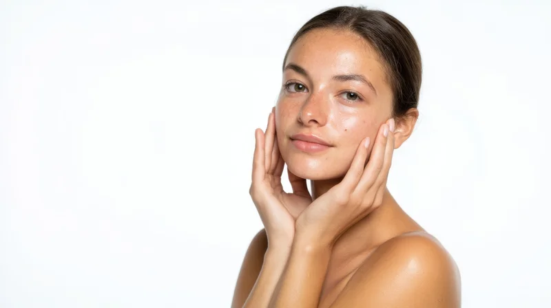 Young woman touching her face with hands against white background