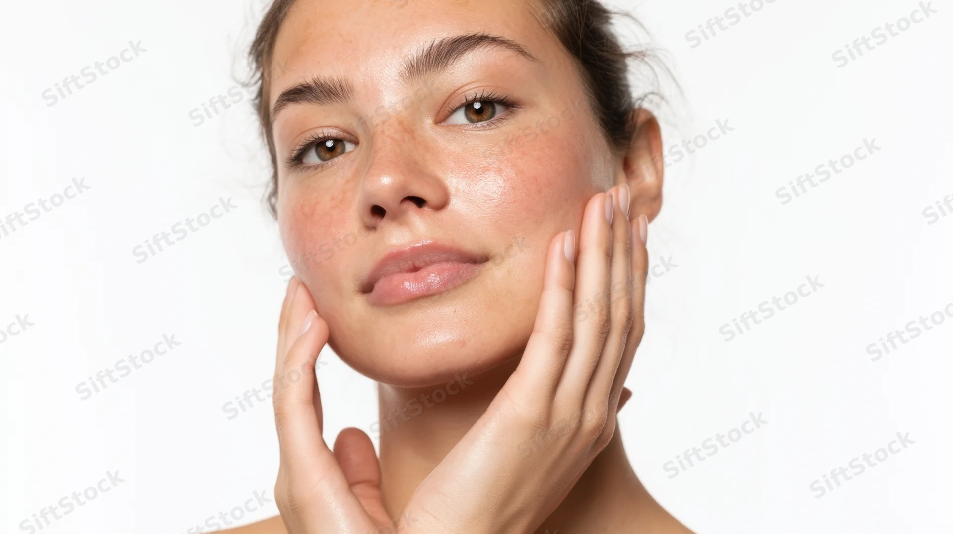 Young woman touching her face with hands, showing healthy glowing skin against white background