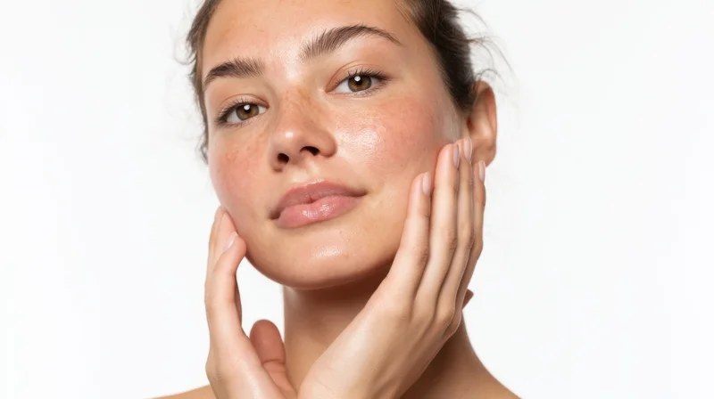 Young woman touching her face with hands, showing healthy glowing skin against white background