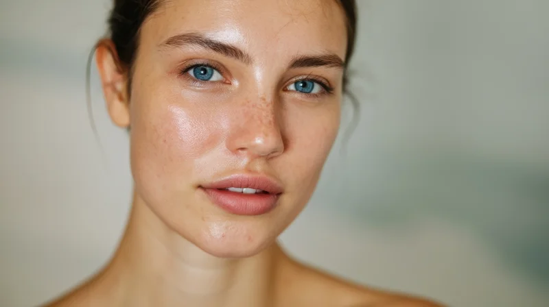Closeup portrait of a young woman with freckles and blue eyes showing natural skin texture