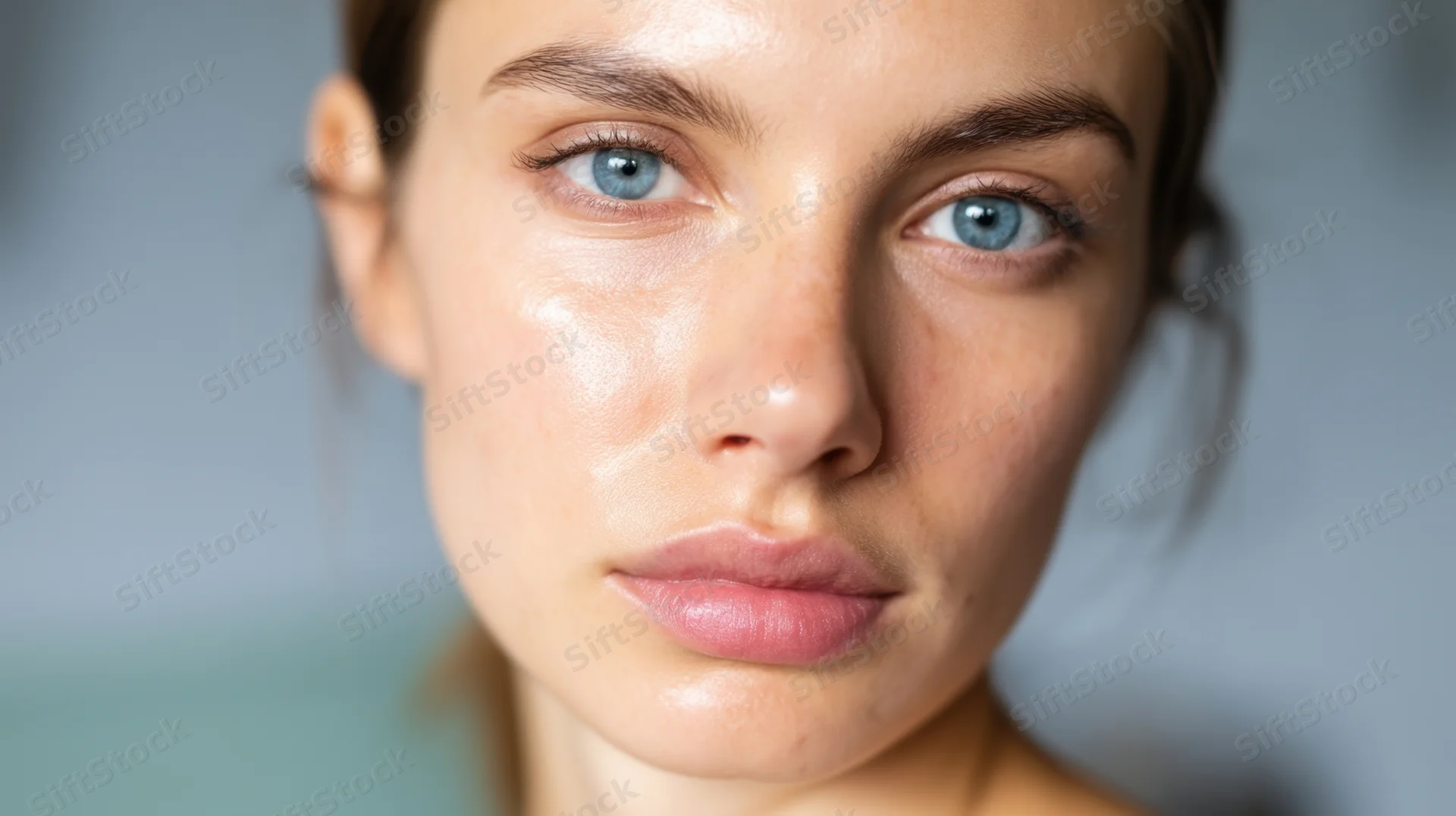 Closeup portrait of a young woman with blue eyes and natural skin glow, facing camera in studio setting