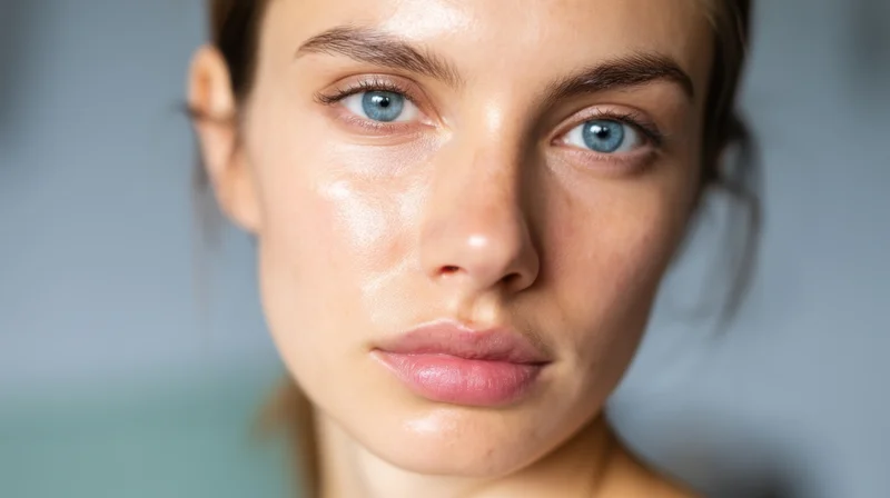Closeup portrait of a young woman with blue eyes and natural skin glow, facing camera in studio setting
