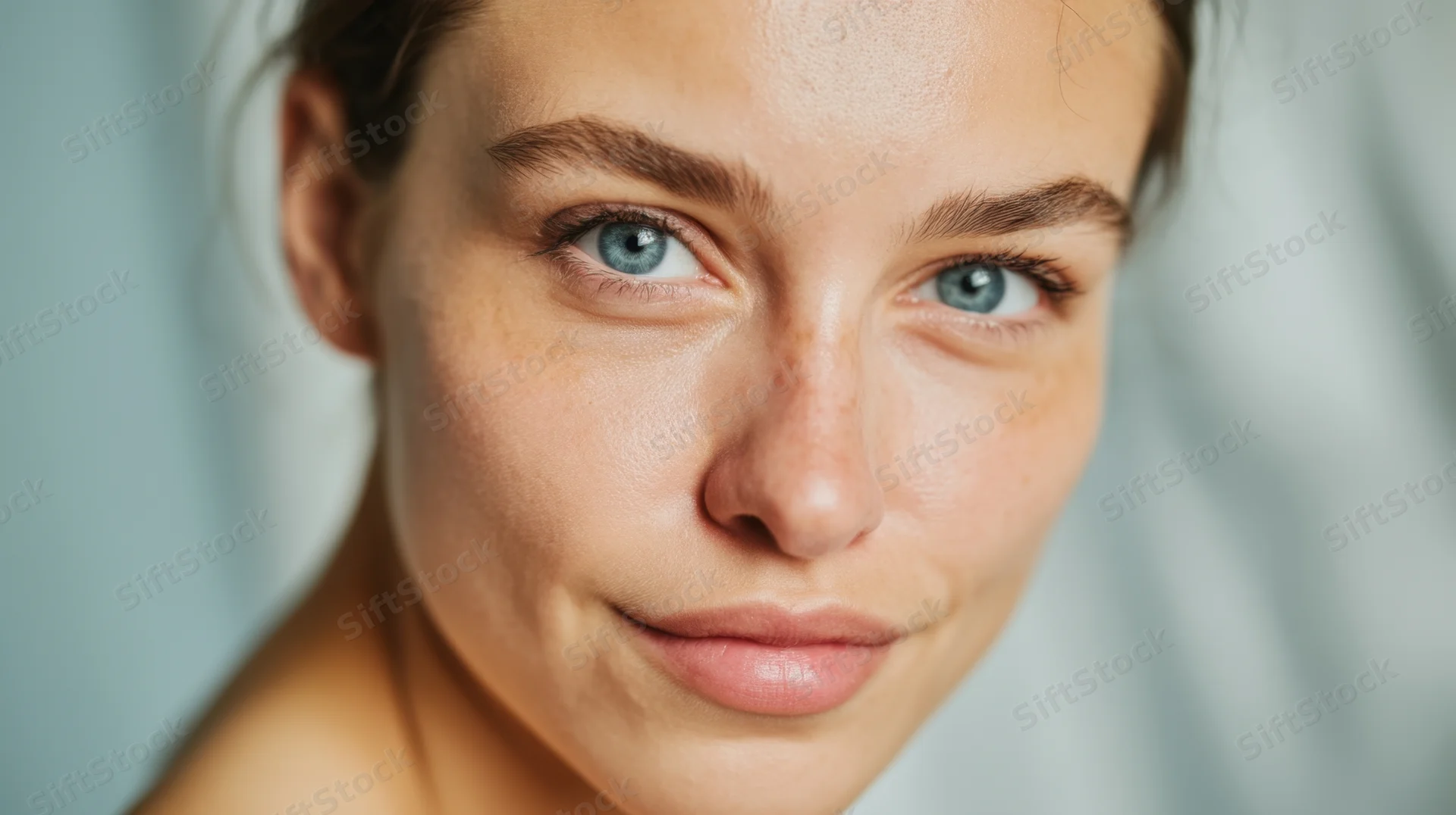 Closeup portrait of a young woman with blue eyes and natural skin smile against soft background