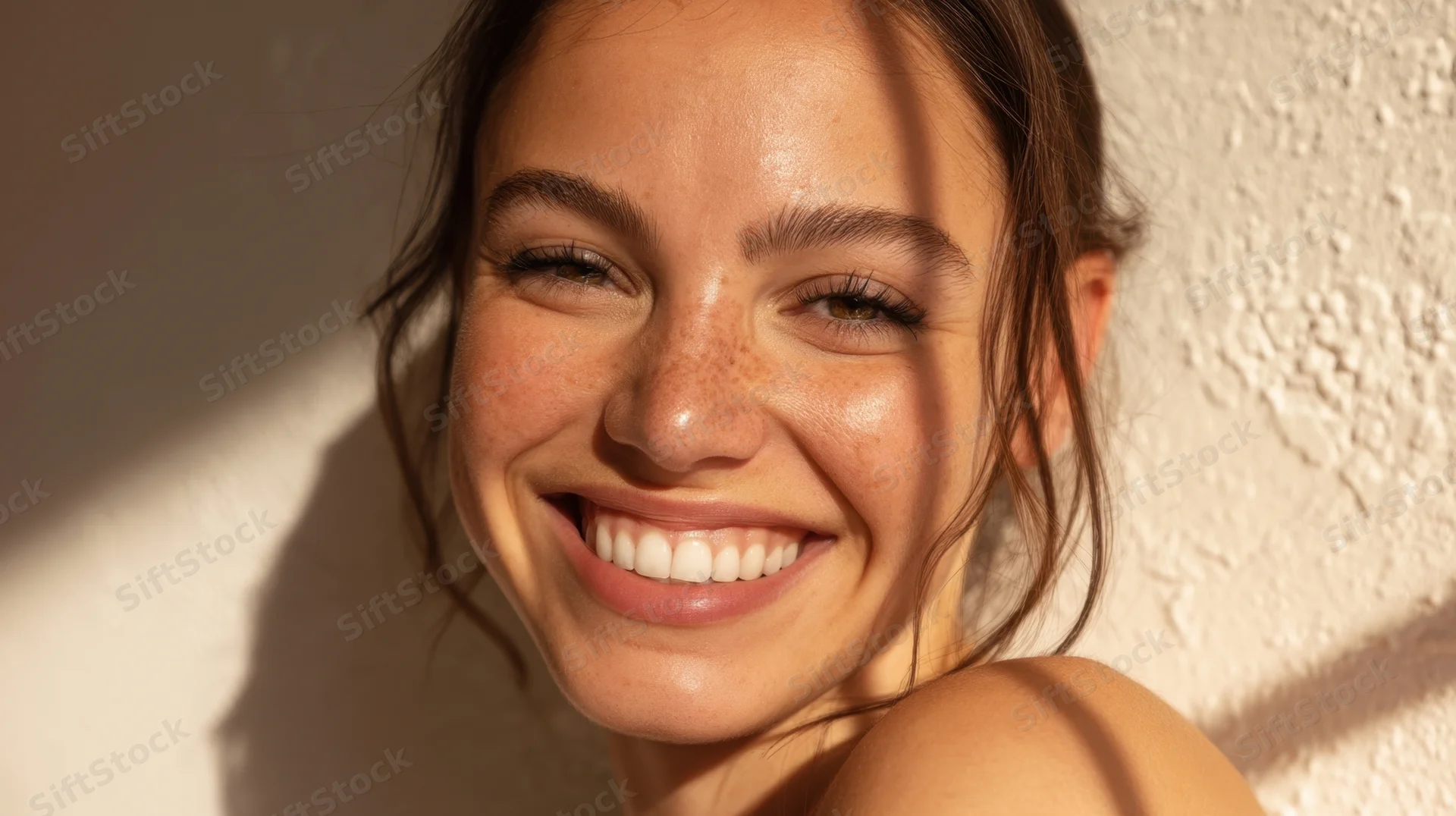 Young woman smiling with freckles and brown hair in warm sunlight against a textured wall
