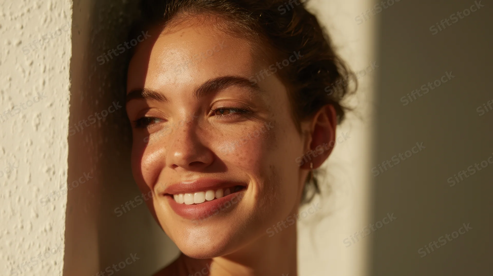 Young woman smiling with sunlight on her face against a white wall