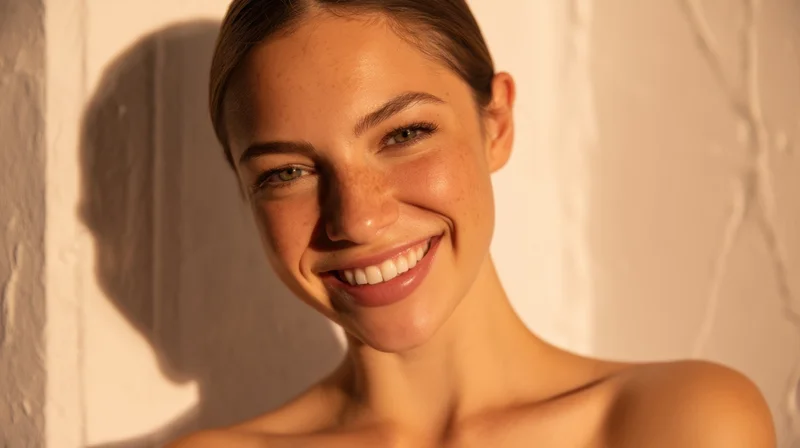 Young woman smiling warmly in soft golden light against a white textured wall