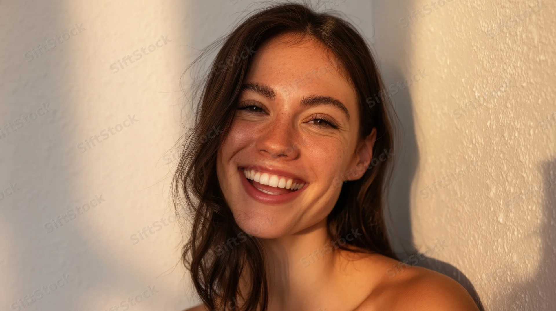 Young woman smiling warmly in close-up portrait against textured wall