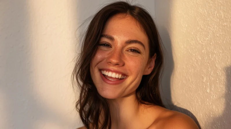 Young woman smiling warmly in close-up portrait against textured wall