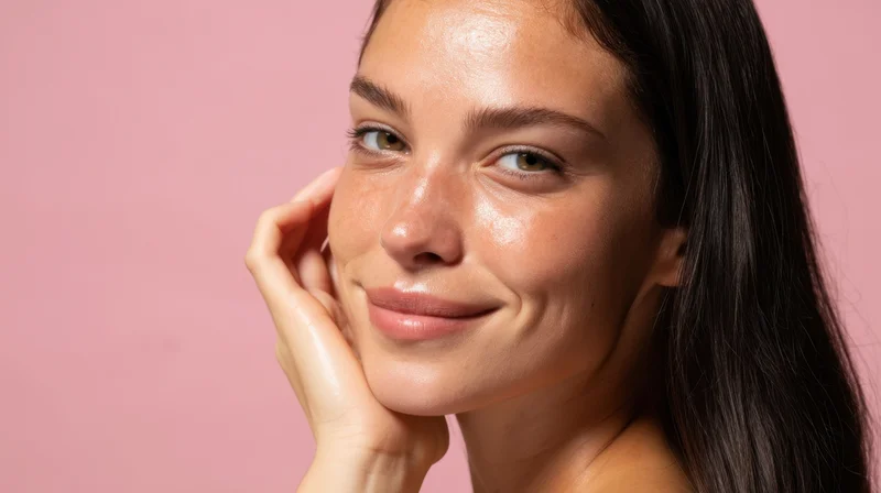 Young woman smiling with hand on cheek against pink background