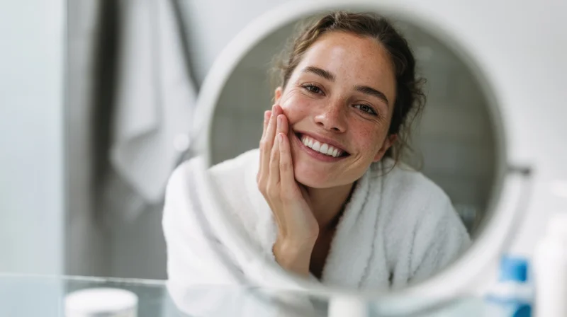 Young woman smiling at her reflection in a round mirror while wrapped in a white towel in a bathroom