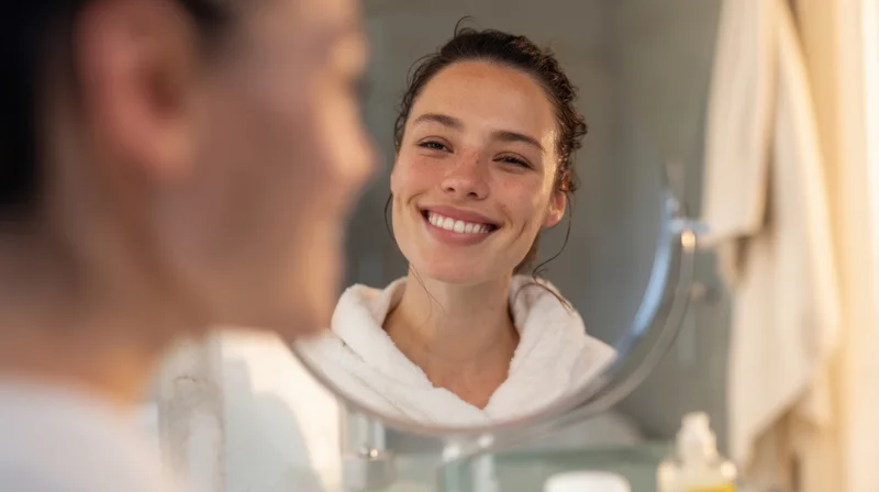 Young woman smiling at her reflection in a bathroom mirror while wearing a white towel robe