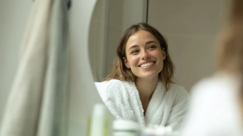 Young woman smiling at her reflection in bathroom mirror wearing white bathrobe