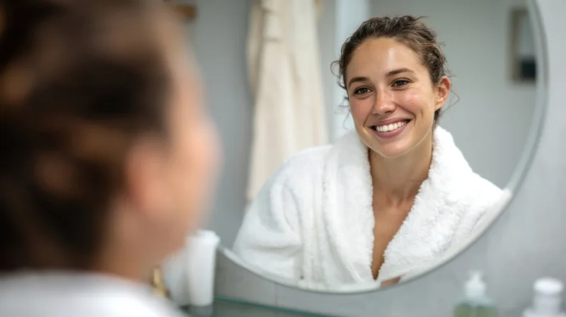 Woman smiling at her reflection in bathroom mirror wearing white bathrobe