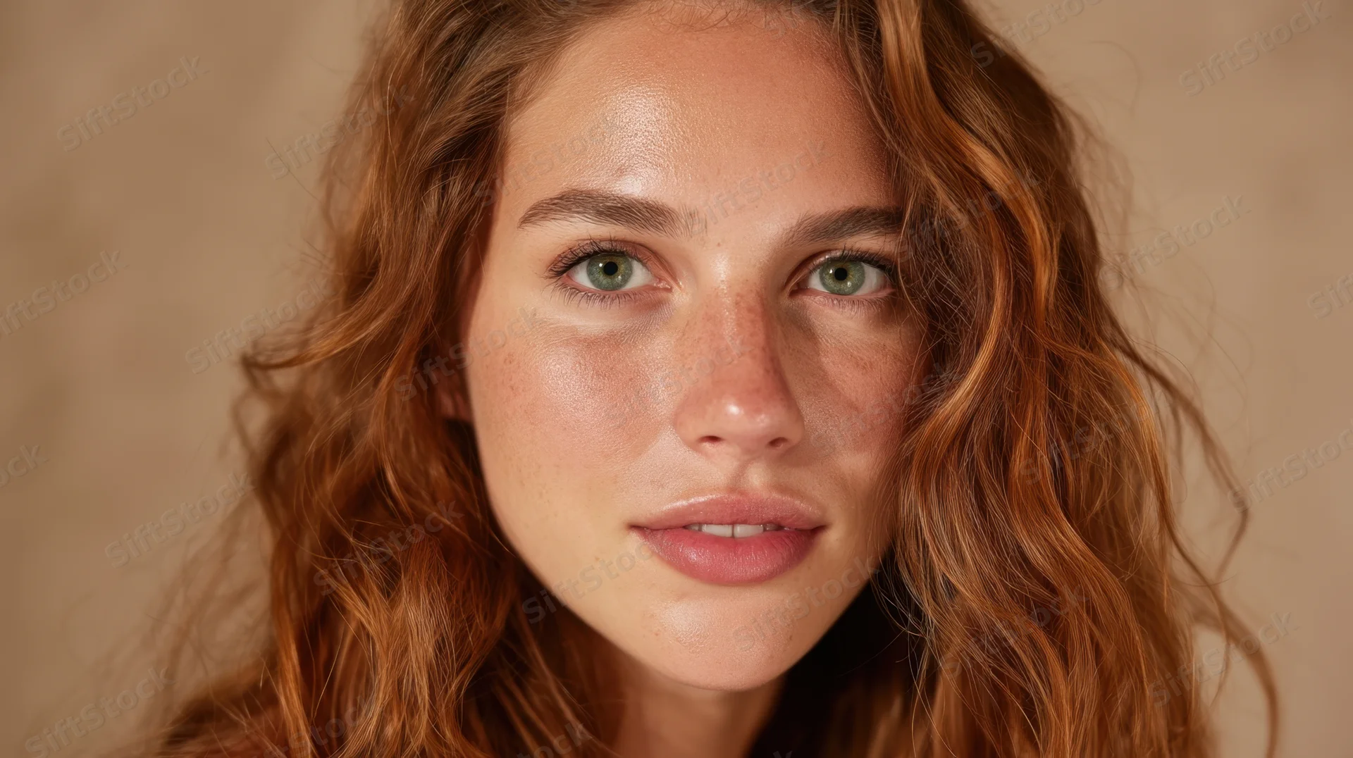 Young woman with curly red hair and green eyes looking directly at camera in studio portrait