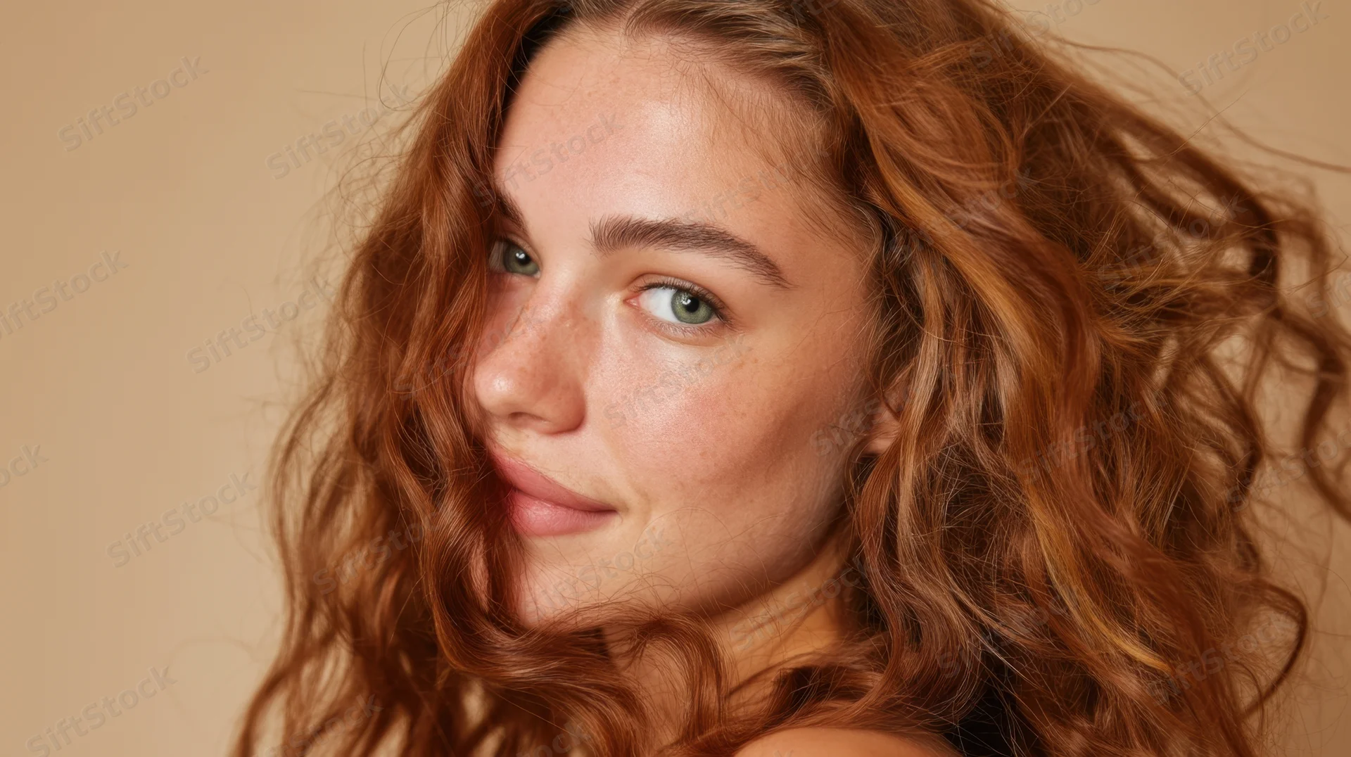 Young woman with curly red hair looking at camera in studio portrait