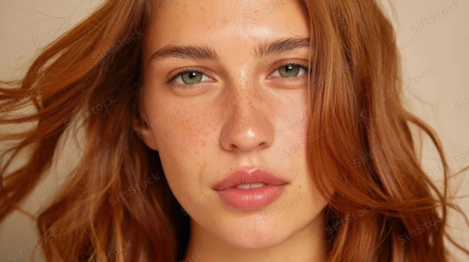 Closeup portrait of a young woman with red hair and freckles, looking directly at camera, soft studio lighting