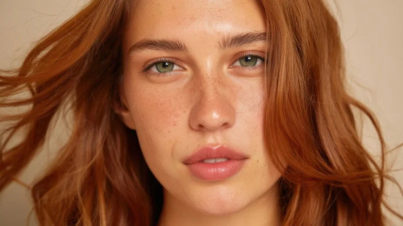 Closeup portrait of a young woman with red hair and freckles, looking directly at camera, soft studio lighting