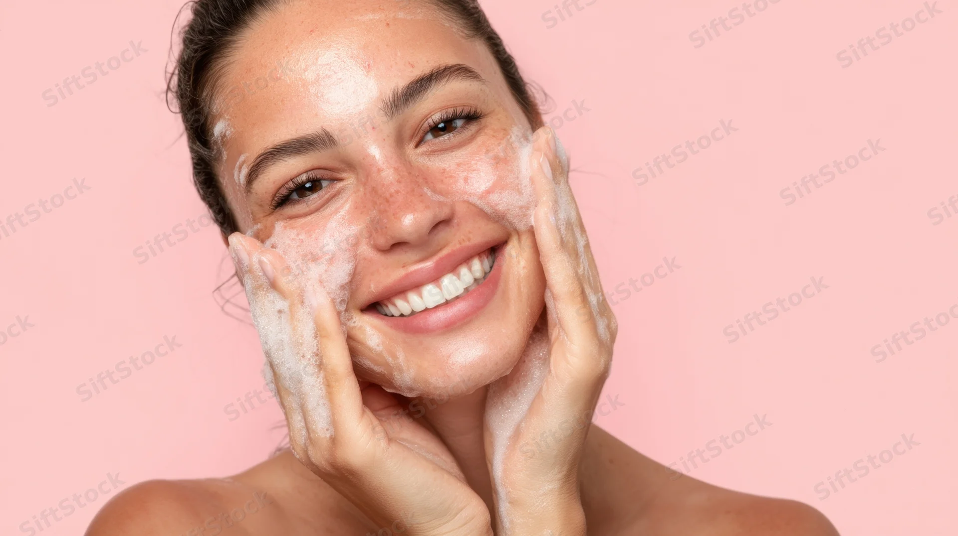 Young woman smiling while applying foamy cleanser to her face against pink background