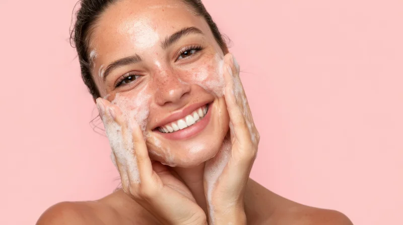 Young woman smiling while applying foamy cleanser to her face against pink background